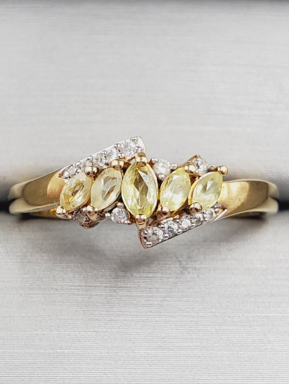 18k Yellow Gold - 925 Sterling Silver Marquise Chrysoberyl & White Zircon Ring